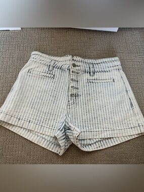 KanCan Striped High-Waist Denim Shorts - Blue/White